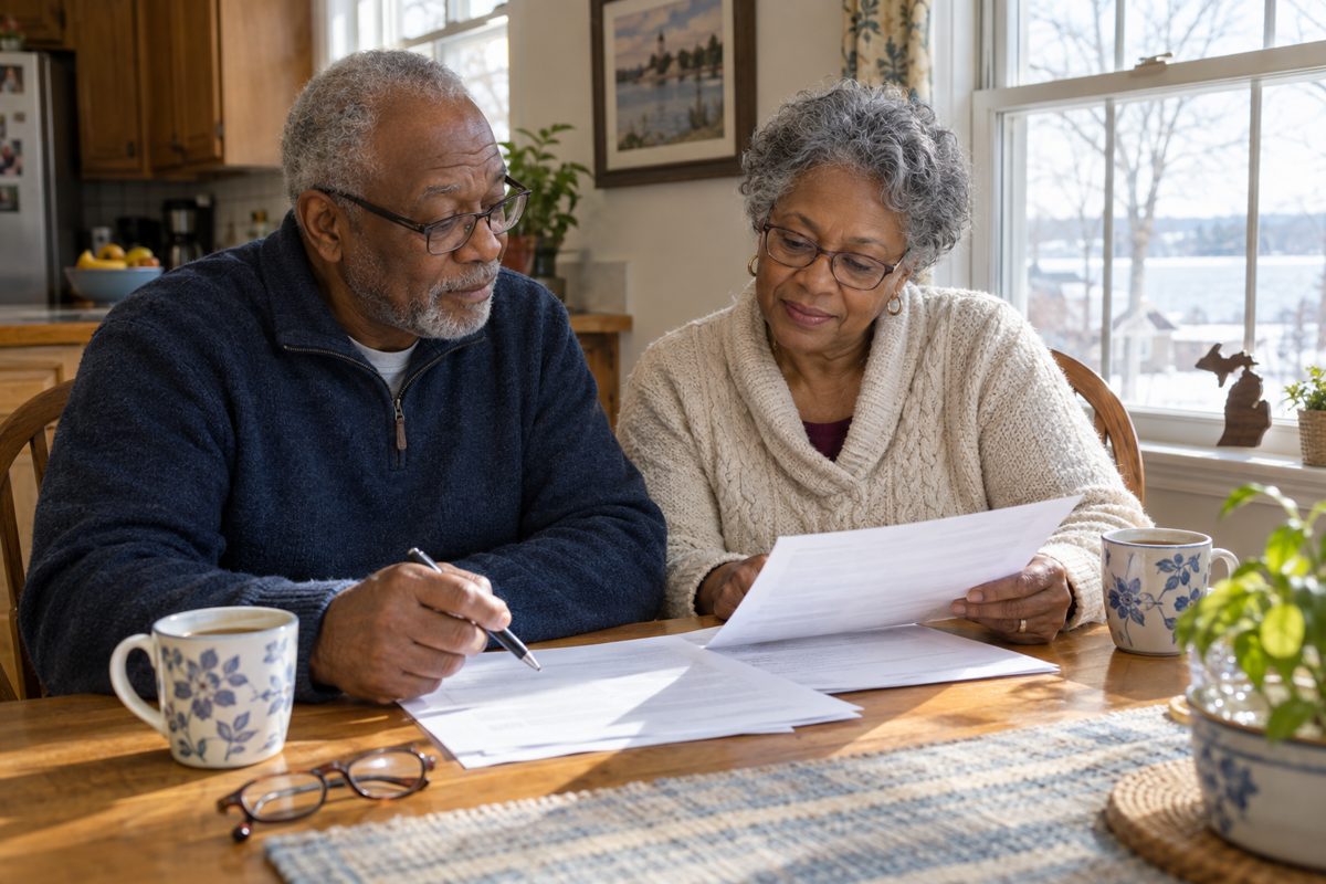 Older couple reviewing paperwork together at a kitchen table