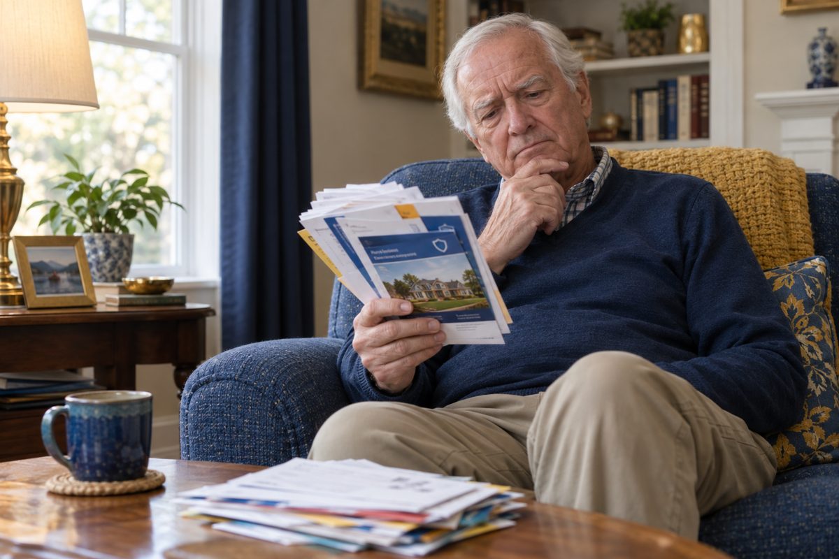 Senior man reviewing insurance mail offers in his living room