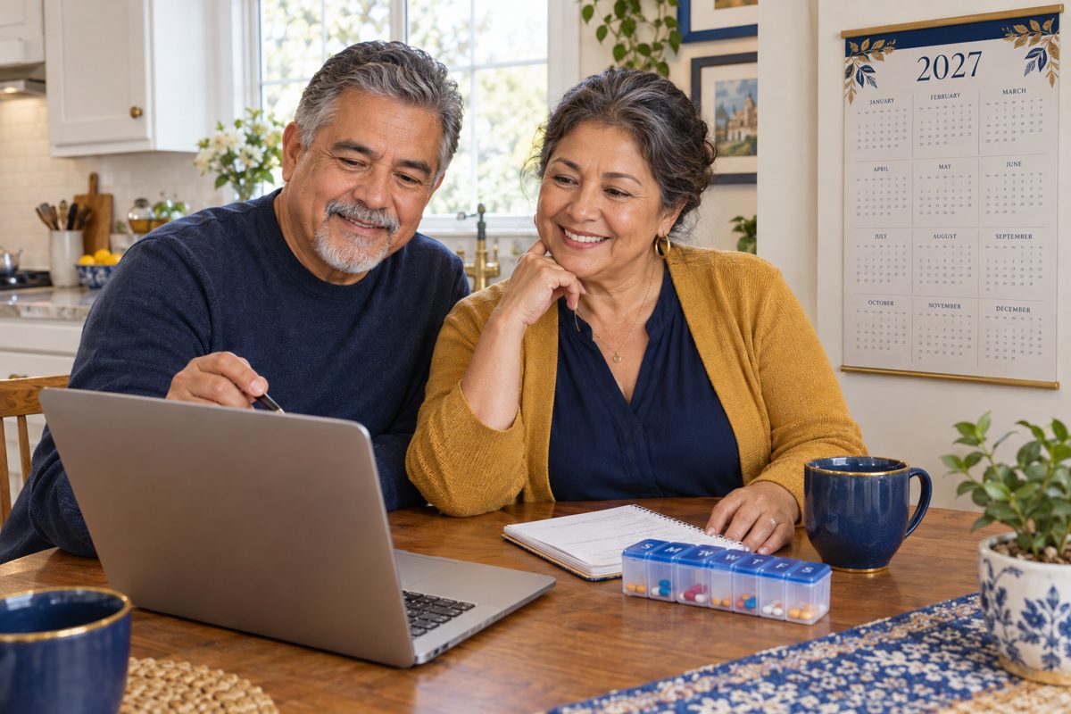 Senior couple planning Medicare choices at their kitchen table