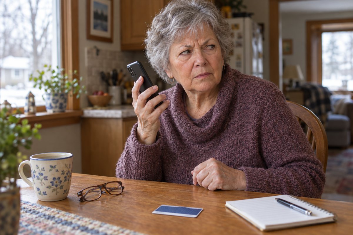 Senior woman at her kitchen table holding her phone away with a doubtful look during a suspicious call