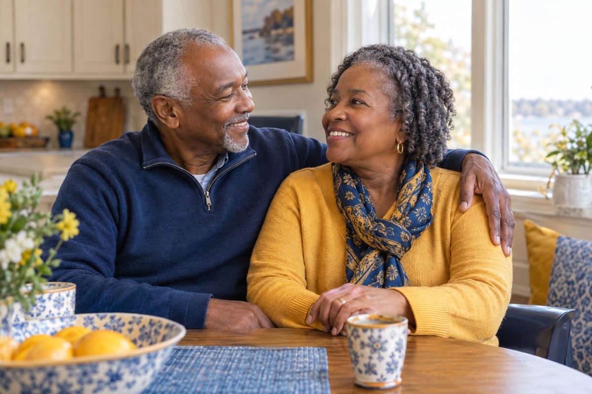 Smiling senior couple sitting together at their kitchen table